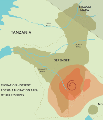 A map of the Serengeti highlights the March wildebeest migration hotspots in red - Yellow Zebra Safaris