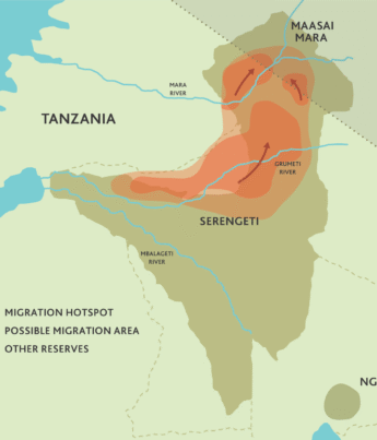 A map of the Serengeti highlights the July wildebeest migration hotspots in red - Yellow Zebra Safaris