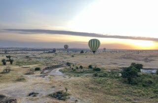 Hot air balloons over the plains at sunrise, Serengeti, Tanzania, Yellow Zebra Safaris