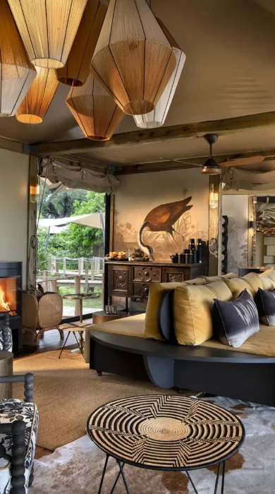 camp main room, Khwai leadwood under thatch, botswana