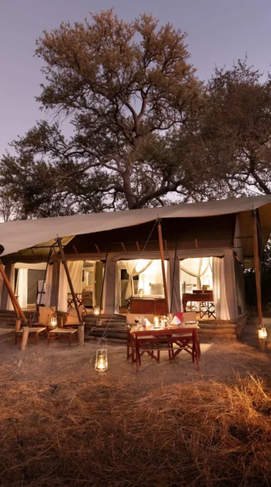 tent exterior, okavango explorers camp, selinda game reserve, botswana
