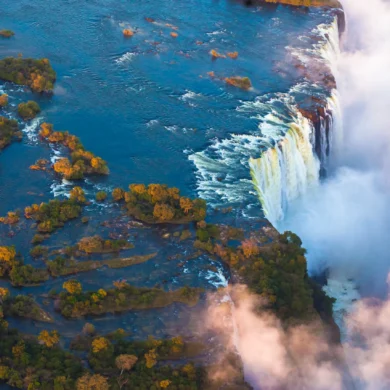 aerial view of victoria falls, zambia safaris