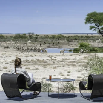 A woman sits in a chair on a deck whilst viewing zebra at a waterhole, Onguma The Fort, Etosha National Park, Tsumeb, Namibia - Yellow Zebra Safari