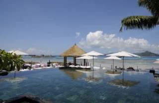 hotel pool view, la digue island, africa safaris