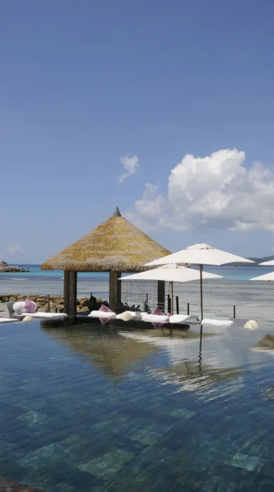 hotel pool view, la digue island, africa safaris