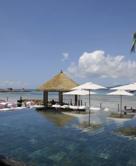 hotel pool view, la digue island, africa safaris