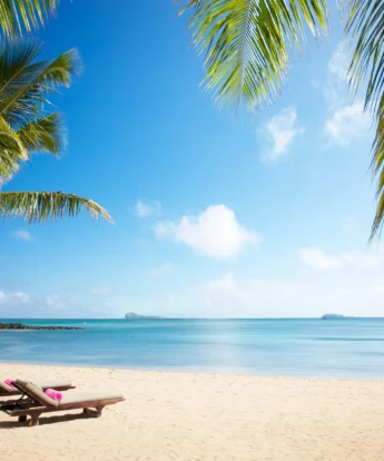 Clear beach with palm trees and two loungers facing the ocean, Mauritius - Yellow Zebra Safaris
