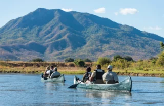 Two groups canoeing across water towards a looming mountain in the background, Royal Zambezi, Zambia - Yellow Zebra Safari
