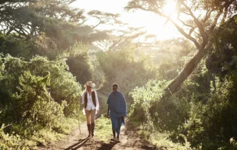 A guest and a guide walk in lush greenery, Serengeti, Tanzania - Yellow Zebra Safari