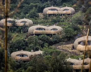 An aerial shot of the woven style accommodation lodges, Bisate, Rwanda - Yellow Zebra Safaris