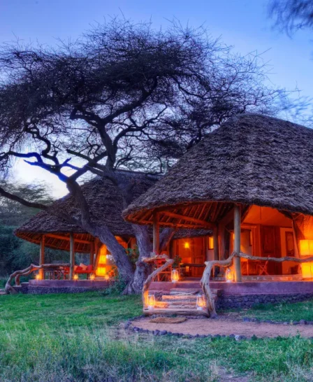 guest cottages at dusk