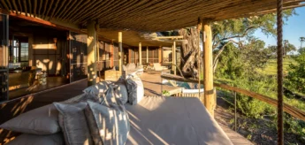 Exterior decking seating looking out onto the reserve, Mombo, Moremi Game Reserve, Botswana - Yellow Zebra Safari